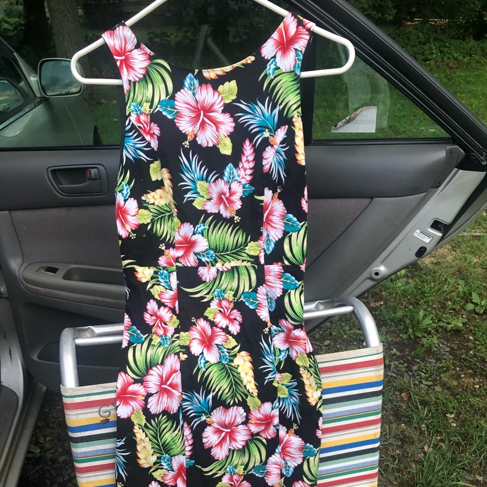 Floral and black summer dress and belly sweater